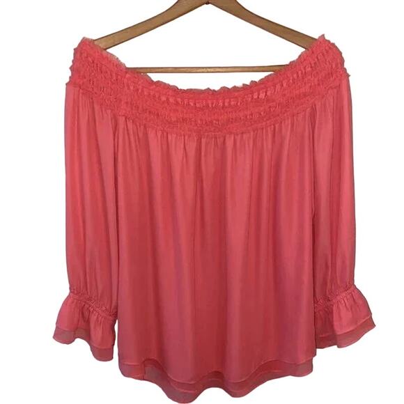 WHBM Coral Pink Off-the-Should Smocked Blouse Size Medium - Picture 5 of 12